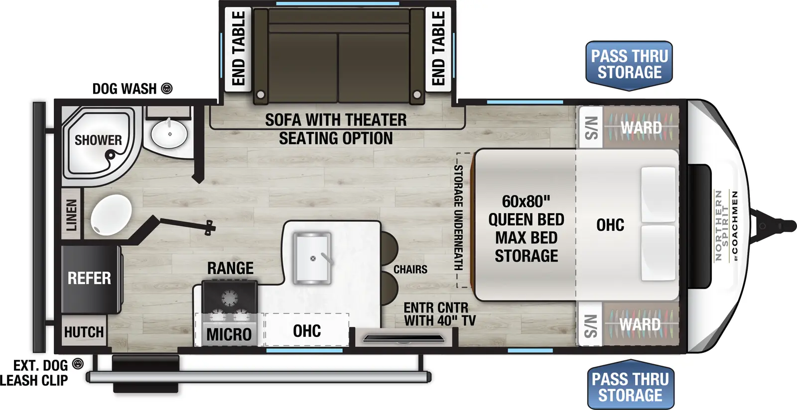 The 194RB has one slide out on the off-door side and one entry door on the door side. Interior layout from front to back: front bedroom with foot facing queen bed containing max bed storage, overhead cabinet, and wardrobes on either side of the bed; kitchen living dining area with off door side slide out containing sofa and end tables on either side; door side entertainment center; door side kitchen containing double basin sink, bar stools, overhead cabinet, microwave cabinet, and cook top stove; off door side bathroom; and door side refrigerator and hutch.
